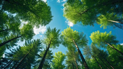Trees in forest from below green tops of trees blue sky