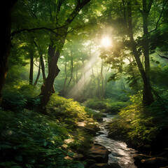 Sunlight filtering through the dense canopy of a lush green forest.