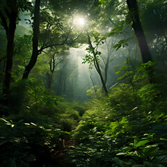 Sunlight filtering through the dense canopy of a lush green forest.