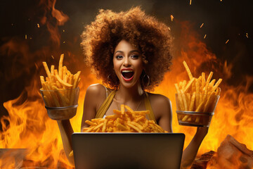 Young woman holding tasty french fries