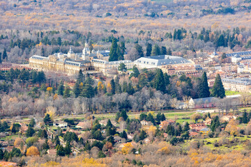 views of the town of La Granja from the water waterfall called Chorro Grande in the town of Granja de San Ildefonso in the province of Segovia, Spain