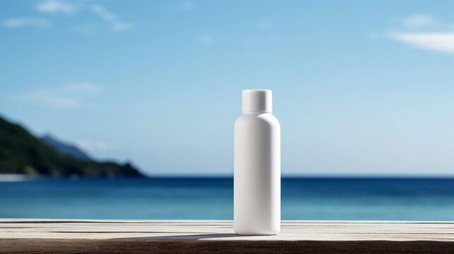 Scenic Sea View Background with White Product Bottle : Coastal Elegance and Freshness Captured in Perfect Harmony . Ideal for Cosmetic, Skincare, and Summer themed Marketing Campaigns