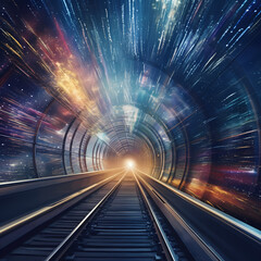 Train traveling through a tunnel with streaks of light trailing behind. - obrazy, fototapety, plakaty