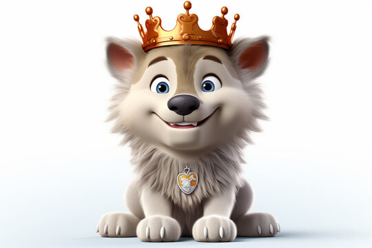 3D cartoon character of a Wolf wearing a cute crown