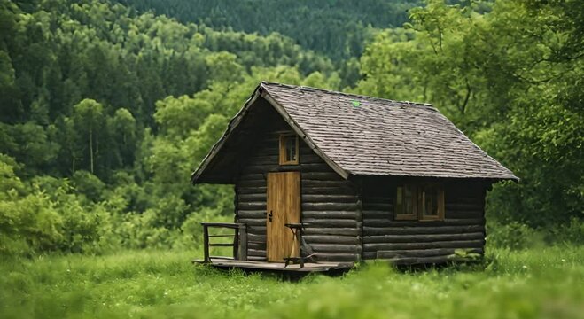 hut in the middle of a natural green forest