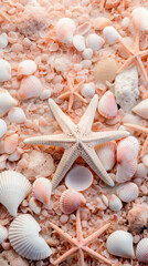 Seashells and starfish on a pink sand background.
