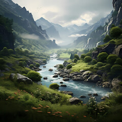 Tranquil river winding through a lush valley.