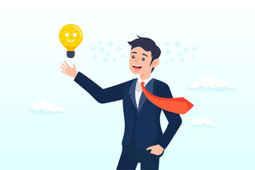 Happy businessman holding smiling light bulb idea with positive vibes around, positive thinking, optimistic mindset or good attitude to success in work, always get idea to solve any problems (Vector)