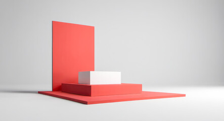 Product presentation. Red and White background with cube podium abstract geometric. Mockup template for product presentation. 3D rendering. copy text space
