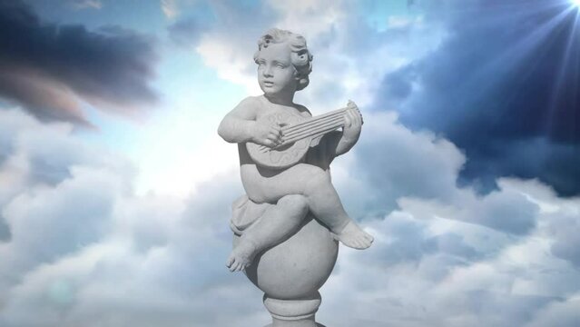 Animation of gray sculpture of cupid over blue sky and clouds