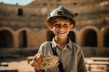 Portrait of a smiling boy in the Roman Colosseum - obrazy, fototapety, plakaty