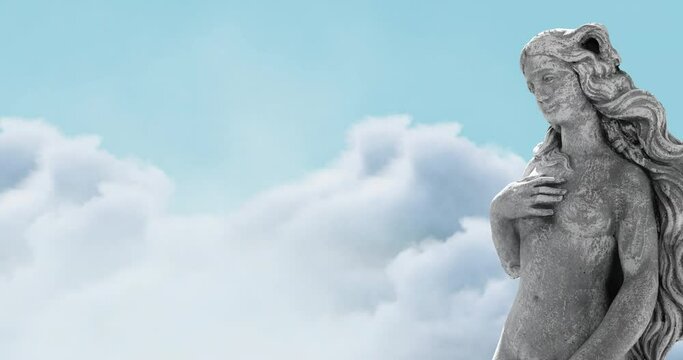 Animation of gray sculpture of woman over blue sky and clouds, copy space