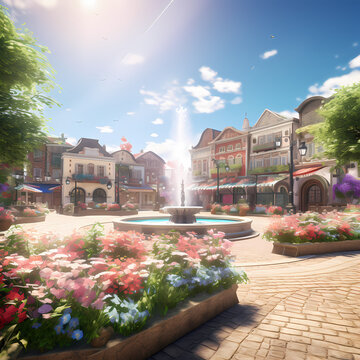 Village square adorned with colorful flowers and a central fountain