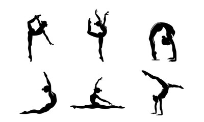 gymnastic characters (girls) detailed vectors or silhouettes set (Black and White) - 02
