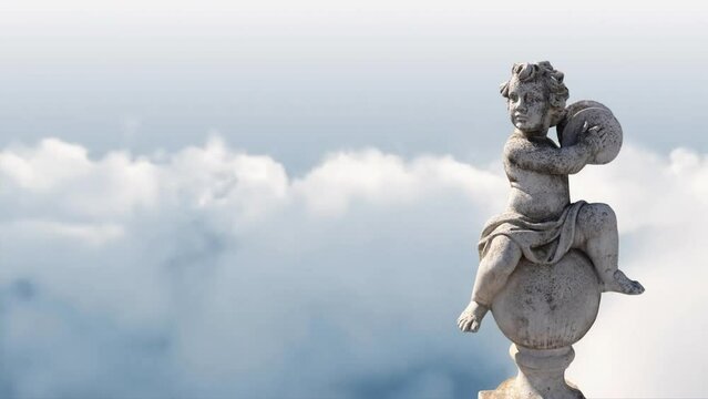 Animation of gray sculpture of cupid over blue sky and clouds, copy space