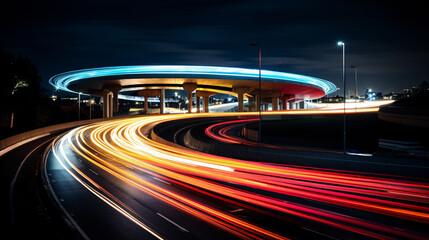 A long exposure photo of a highway at night.