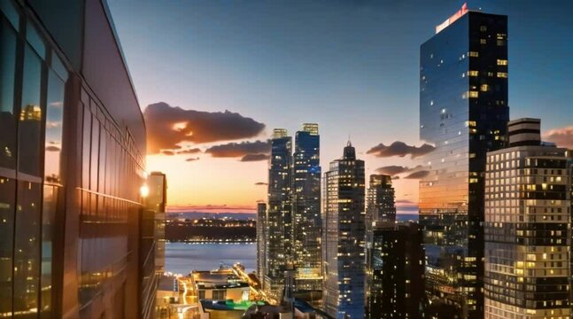 Amazing architecture and building of cityscape at sunset. Animated Cinematic Scenic Video
