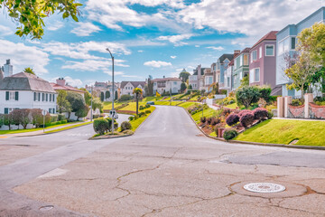 San Francisco, USA - October 23, 2021, Sea Cliff area in San Francisco, beautiful, cozy, well-kept streets. City landscape