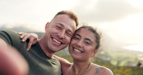 Hiking, face or happy couple in selfie in nature for photograph memory, teamwork or wellness. Romantic date, love or healthy people taking picture for social media vlog or post in park for holiday