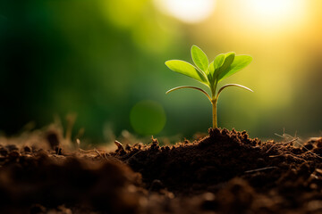 Young green plant growing from the ground. Growth concept, conservation of the planet.