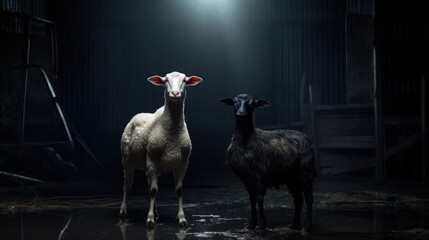 Contrast Companions: White and Black Sheep under Barn Spotlight
