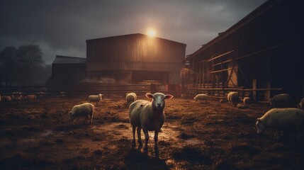 Rainy Pasture: Sheep Flock with Golden Sunbeam in Stormy Weather 