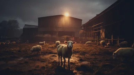 Poster Rainy Pasture: Sheep Flock with Golden Sunbeam in Stormy Weather  © Phieo Alex