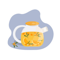 A glass teapot with sea buckthorn and oranges, a sprig of sea buckthorn. Berry or fruit tea. Vector illustration, flat, cartoon style.