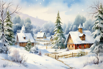 Fototapeta na wymiar Beautiful winter house and Christmas tree on the mountain