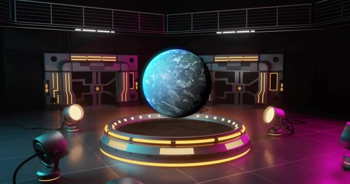 Animation of spinning globe over cyber room