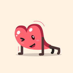 Vector cartoon heart character doing push up for design.