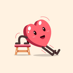 Vector cartoon heart character doing exercise with bench for design.