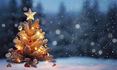 AI paesaggio innevate a Natale con albero e luci 04 - obrazy, fototapety, plakaty