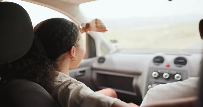 Woman, driver and car with dancing, music and happy for road trip, transportation or travel. People, conversation and friends with memory, journey or listen to radio on adventure, holiday or vacation