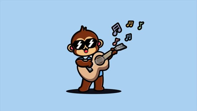 Cute monkey with acoustic guitar looking like a rockstar. Isolated on blue background. 4K video animated