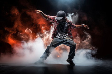 Young hip hop dancer dancing on a dark background in smoke.