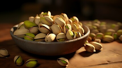 Pistachios in a bowl on wooden table, close up