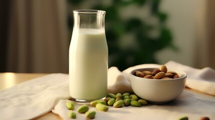 Obraz na płótnie Canvas Glass of tasty almond milk and nuts on table in room, closeup