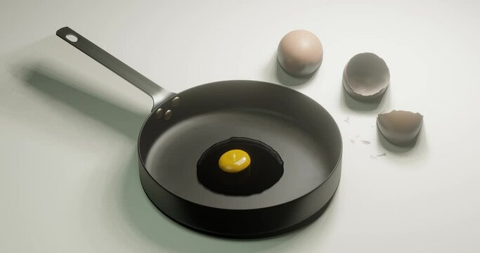 3d render cracked raw egg for nutritious or breakfast in a frying pan