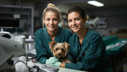 Two young female veterinarians holding a small dog during examination 