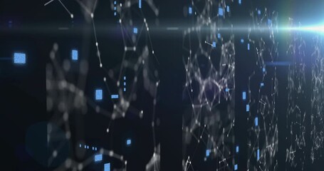 Animation of data processing and networks of connections over black background