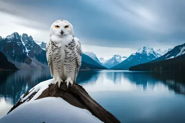 Foto op Plexiglas snowy owl in the mountains near the river © Ghulam Abbas