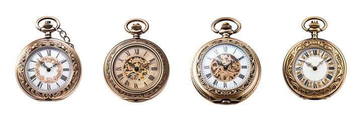A vintage pocket watch with ornate engravings, isolated on a pristine on a transparent background