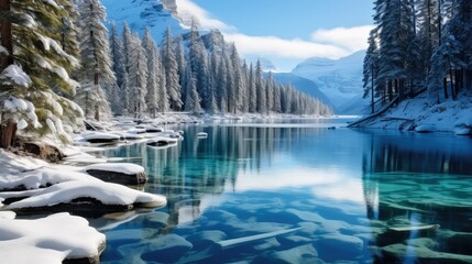A blue lake surrounded by snow capped trees. Generative AI.