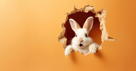 An adorable white rabbit peeks through a torn orange paper wall, creating a playful and unexpected image - obrazy, fototapety, plakaty