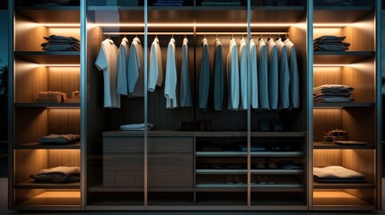 A full length picture of wardrobe with internal lighting. Generative AI. - obrazy, fototapety, plakaty