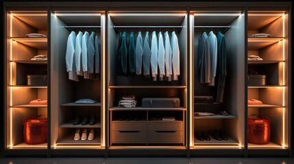 A full length picture of wardrobe with internal lighting. Generative AI.