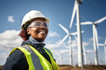 african american female engineer in helmet and reflective vest at wind turbines farm - Powered by Adobe