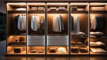 Fotobehang A full length picture of wardrobe with internal lighting. Generative AI. © visoot