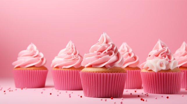 Delicious pink creamy cup cakes with a bright pink background that have copy space. - Background of banner advertising for food backers - Powered by Adobe